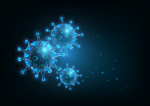 Futuristic Coronavirus Covid-19 web banner template with glowing low poly virus cells on dark blue